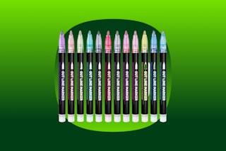 Twelve shimmer markers that write in silver outlined with a color