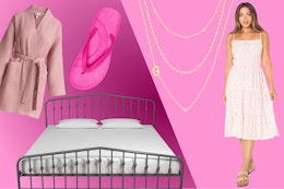 Robe, Crocs sandal, king bed, initial necklace & women's dress 