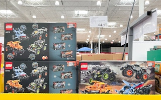 lego monster jam in a box on a shelf at costco with sale sign