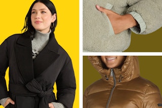 Three different brands (close up shots) of women's puffer jackets being modeled