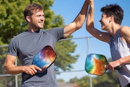 people high-fiving while holding paddle boards