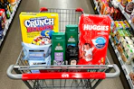 captain crunch cereal, neutrogena makeup wipes, irish spring body wash, downy unstoppables, and huggies diapers in a cart
