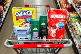 captain crunch cereal, neutrogena makeup wipes, irish spring body wash, downy unstoppables, and huggies diapers in a cart