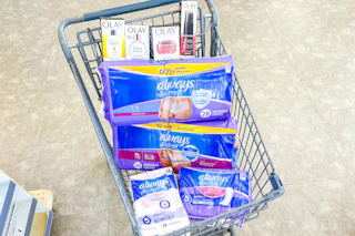 shopping cart with always and olay products