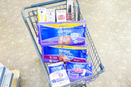 shopping cart with always and olay products