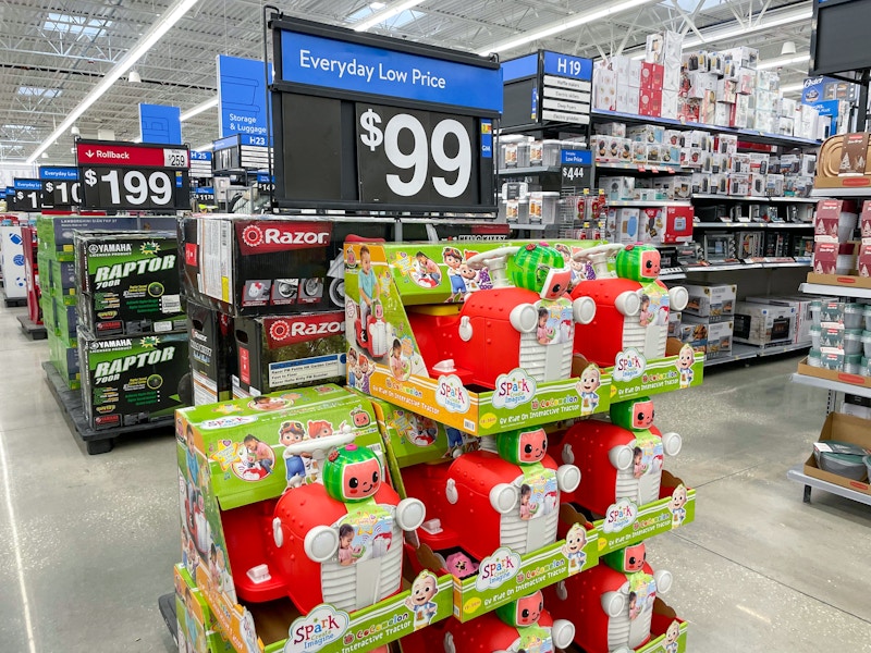 a display of ride-on toys for $99 at Walmart