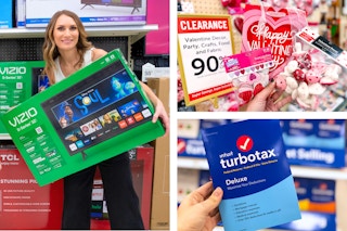a woman holding a tv at target, someone shopping valentine clearance at Hobby Lobby, and someone holding Turbo Tax software