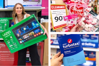 a woman holding a tv at target, someone shopping valentine clearance at Hobby Lobby, and someone holding Turbo Tax software