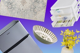 Better Homes & Gardens rug, Galanz mini fridge, Sterilite storage, Mainstays bowl
