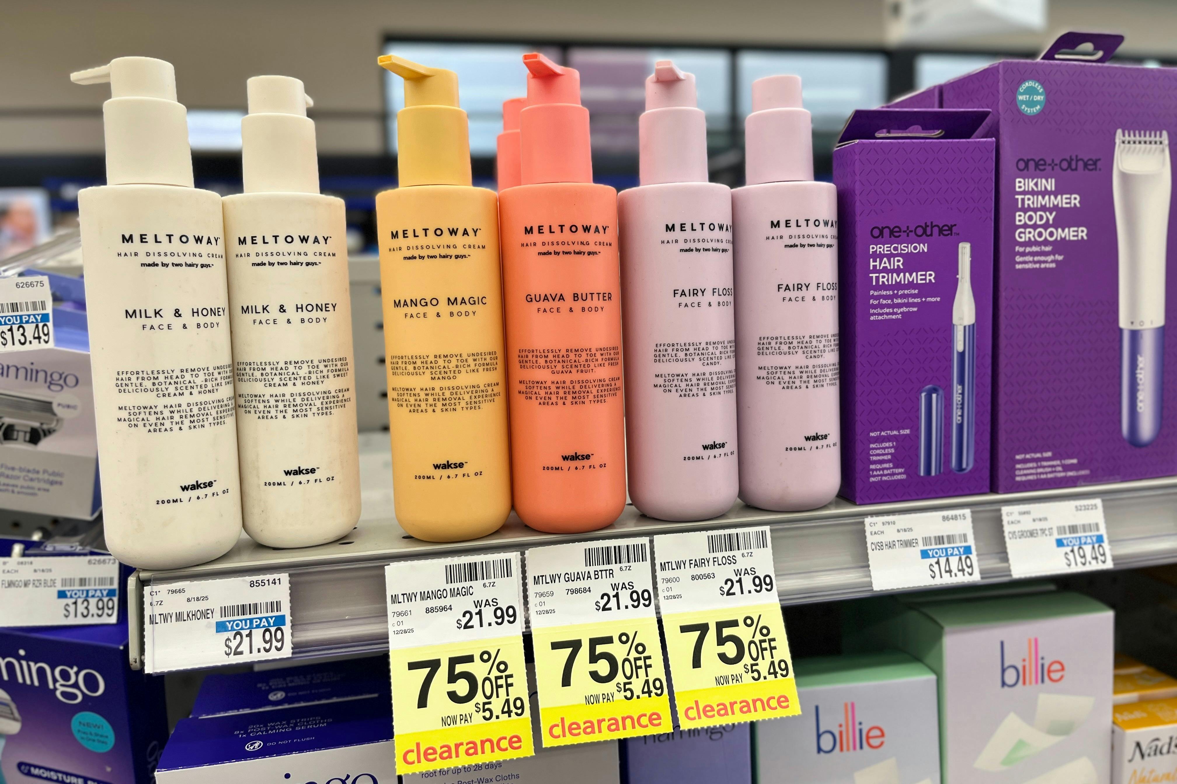 75% off clearance tags on a haircare shelf