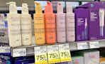 75% off clearance tags on a haircare shelf
