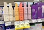 75% off clearance tags on a haircare shelf