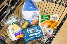 turkey, marie callender's, kinder's, ocean spray, sister schubert's, potatoes in a shopping cart