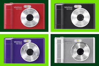 Vivitar Digital Cameras in red, black, purple, and silver colors on a dark and light green collage background.