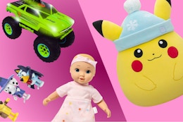 Bluey Halloween figures, Gigglescape baby doll, Pikachu plush, Maxx monster truck