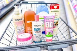 various clearance body washes and lotions in a walgreens cart