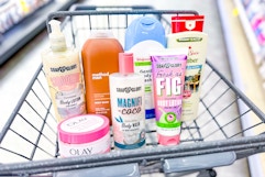 various clearance body washes and lotions in a walgreens cart