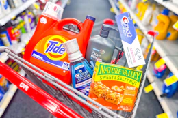 cvs shopping cart with tide, nature valley, crest, and dove products