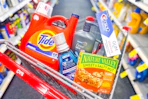 cvs shopping cart with tide, nature valley, crest, and dove products