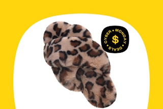 leopard print slippers in a white bubble on a yellow background