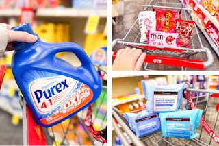 collage image of purex detergent, neutrogena wipes, and candy