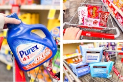 collage image of purex detergent, neutrogena wipes, and candy