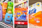 collage image of scott toilet paper, tide pods, and ogx, garnier, and loreal shampoo