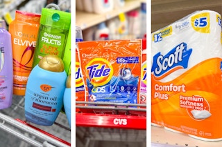 collage image of scott toilet paper, tide pods, and ogx, garnier, and loreal shampoo