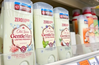 product shelf with Old Spice gentleman's blend deodorant sticks