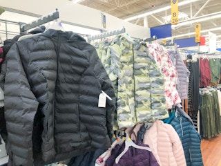 walmart time and tru puffer jackets on display