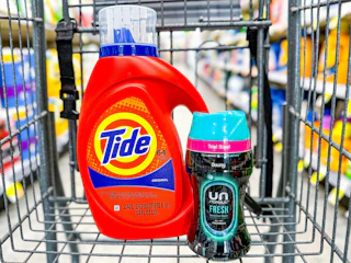 tide detergent and downy unstoppables in a cart