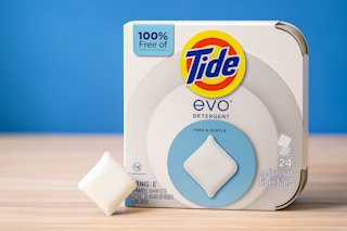packaging of detergent next to tile