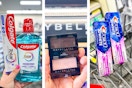 collage image of colgate toothpaste and mouthwash, maybelline makeup, and crest toothpaste