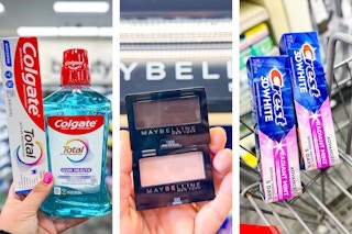 collage image of colgate toothpaste and mouthwash, maybelline makeup, and crest toothpaste