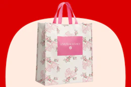 LoveShackFancy x Target tote bag in cream with a pink rose-and-bow pattern and bright pink handles