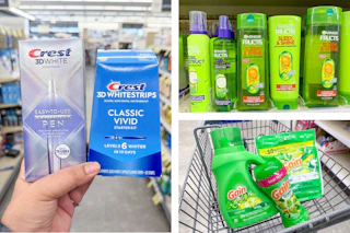 collage image of crest whitening products, garnier hair care, and gain detergent