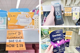 collage image of clearance razors, deodorant, and gum health kit