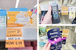 collage image of clearance razors, deodorant, and gum health kit