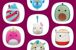 Squishmallows Hello Kitty, noodles, avocado, mimi strawberry, slushee, parrot, and cow.