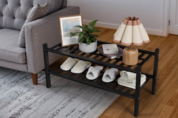 black shoe rack in a living room