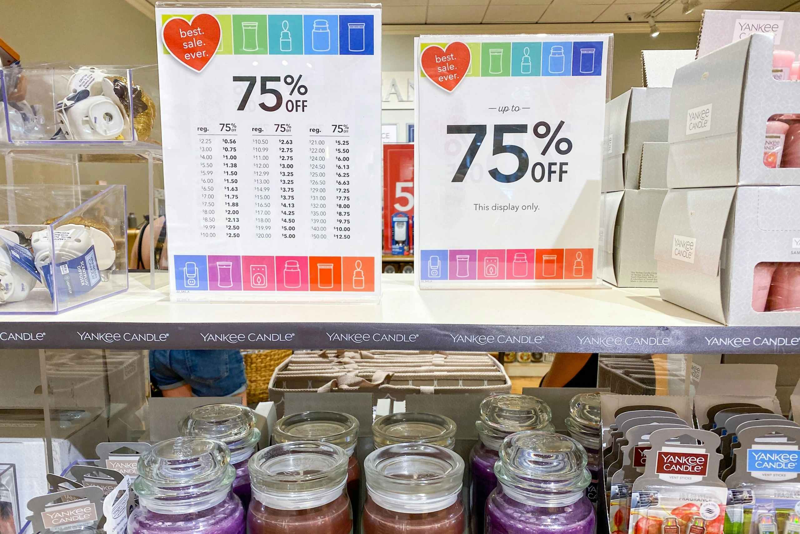 75% off signs on a shelf at Yankee candle