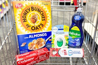 colgate and sensodyne toothpaste, honey bunches of oats cereal, febreze small spaces, and palmolive dish soap in a cart