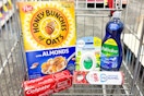 colgate and sensodyne toothpaste, honey bunches of oats cereal, febreze small spaces, and palmolive dish soap in a cart
