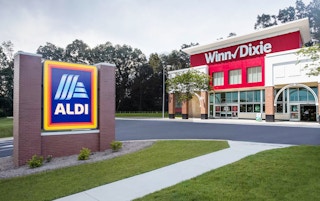 illustration of a winn dixie grocery store with an Aldi sign out front
