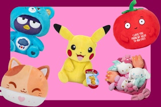 plushies on a pink background