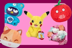 plushies on a pink background