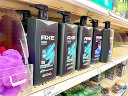 axe body wash pumps sitting on a target shelf