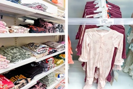 cloud island sleep & plays and women's graphic tops side by side