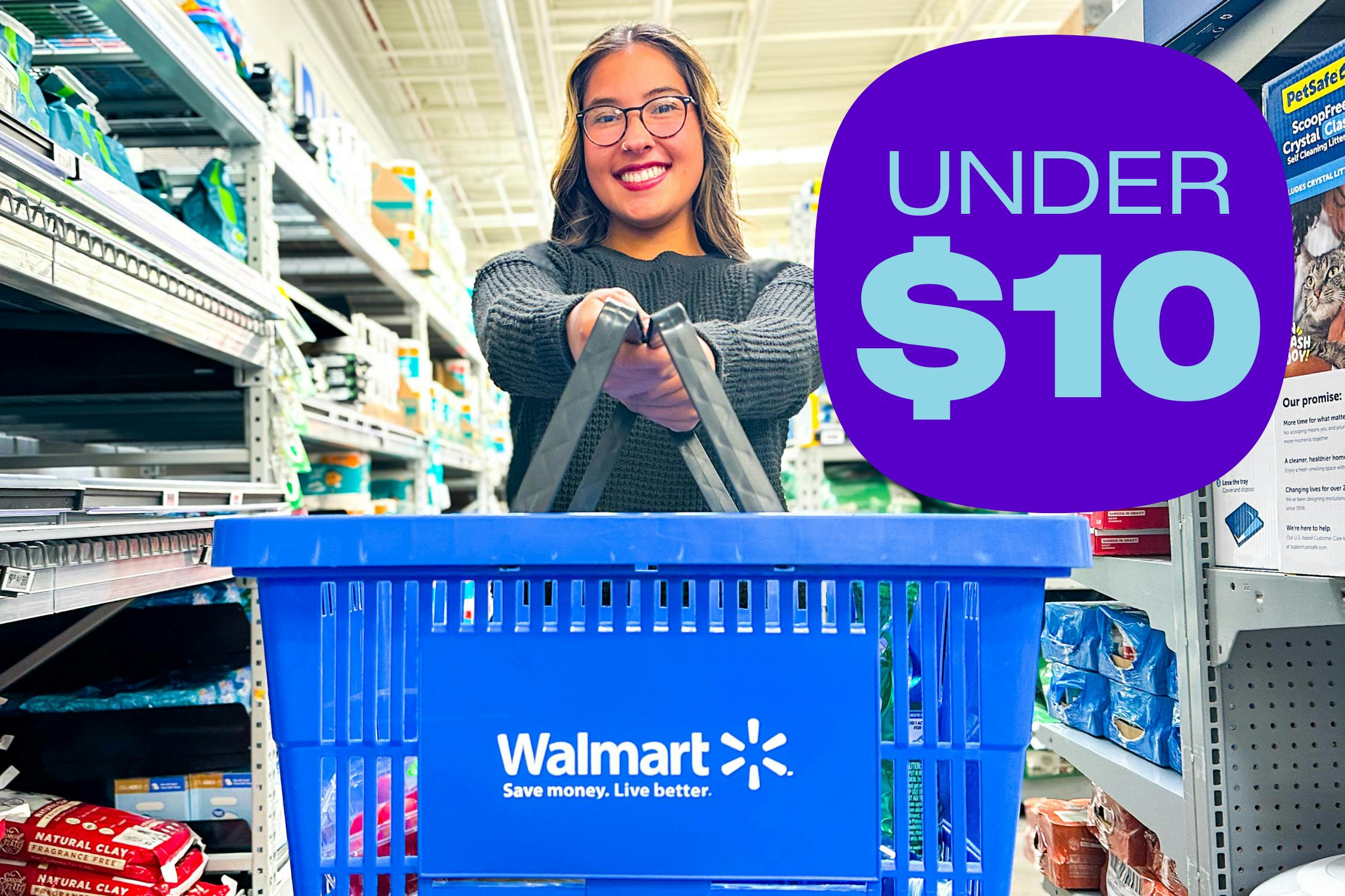 model holding a Walmart basket front and center