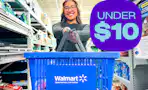 model holding a Walmart basket front and center